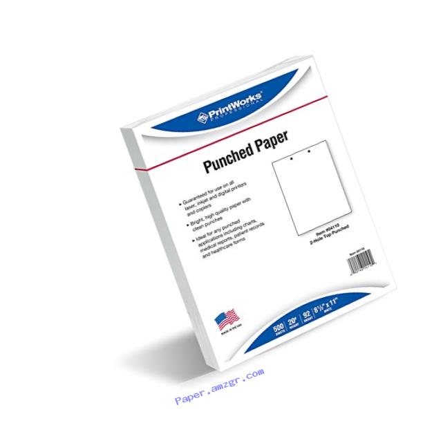 PrintWorks Professional Pre Punched Paper, 2 Hole Punch Top For 2 Ring Binders & 2 Ring Clipboards & Fastener File Folders, 8.5 x 11, 20 lb., 500 Sheets, White (04110)