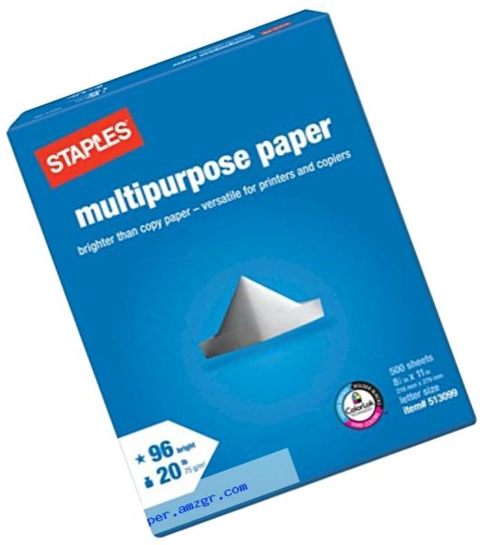 Staples Multipurpose Laser Inkjet Printer Paper, Bright White, 500 Sheets, 8 1/2