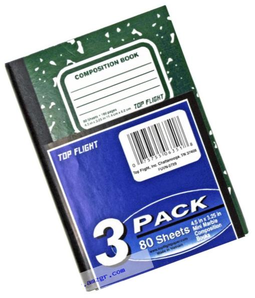 Top Flight Glued Mini-Marble Composition Book, Narrow Rule, 4.5 x 3.25 Inches, 80 Sheets, Shrink-Wrapped with Insert, 3-Pack, Blue/Black/Green (06351)