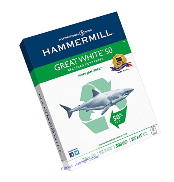 Hammermill Paper, Great White 50% Recycled Copy Paper, 20lb, 8.5 x 11, Letter,  92 Bright, 500 Sheets / 1 Ream (086780), Made In The USA